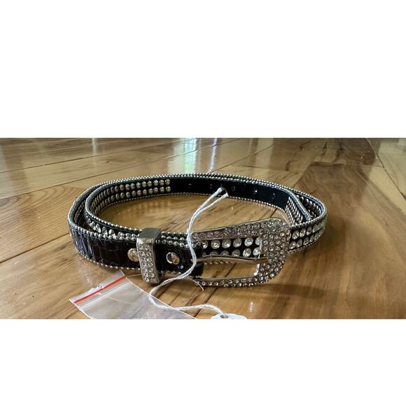 Skinny Black Patent Leather Belt with double row of Rhinestones Medium/Large NEW - Picture 2 of 7